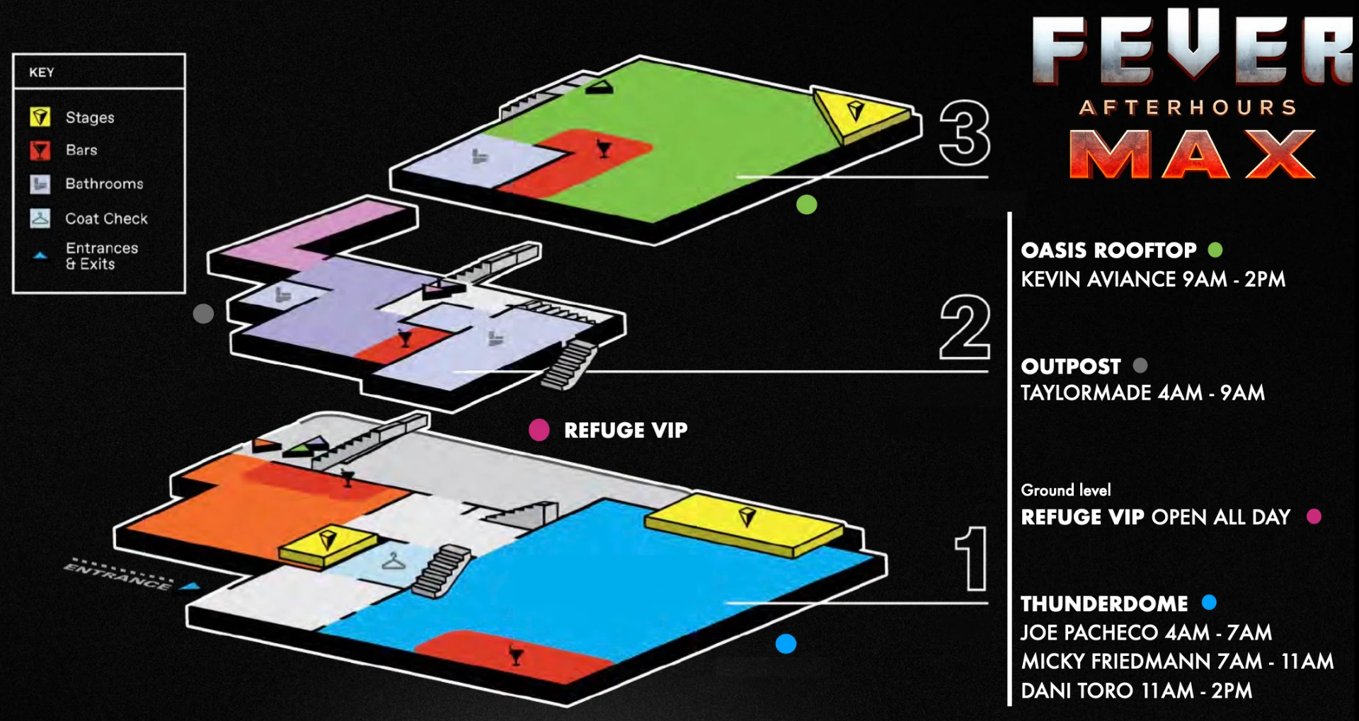 FEVER MAX venue map showing the three-floor layout with Thunderdome, Outpost, Refuge VIP, and Oasis Rooftop